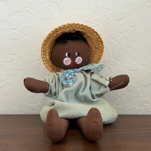 Vintage African Doll Folk Art Primitive Blue Little Kid Straw‎ Hat Cottagecore